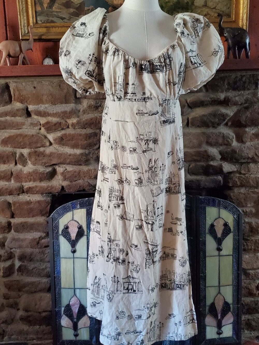 Tulip Creations Bistro Toile Dress XL Cotton Linen Smocked Puff Sleeve Not Lined